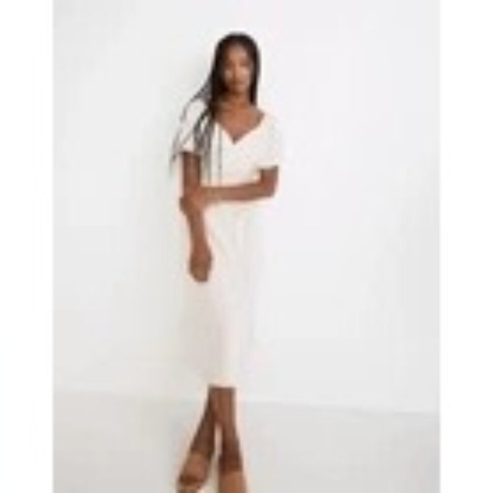 Madewell Midi Dress Puff-Sleeve Button short sleeve Linen Stripe Women's Sz 0